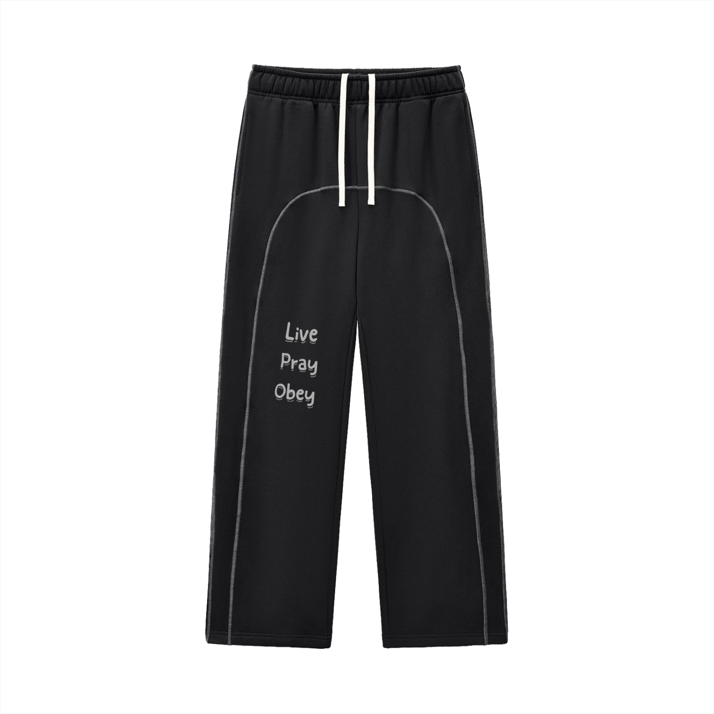 Contrast-Stitched Fleece Sweatpants "Live, Pray, Obey"