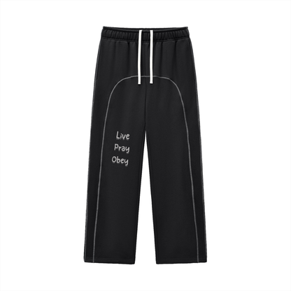 Contrast-Stitched Fleece Sweatpants "Live, Pray, Obey"
